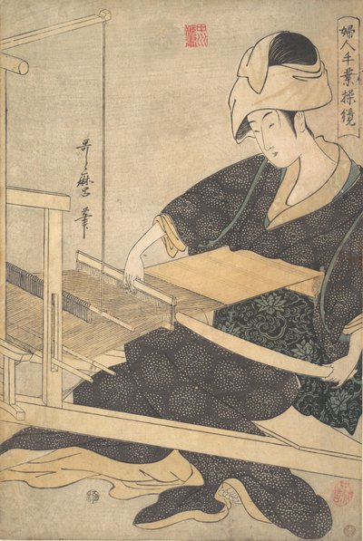 Egy nő szövő, kézi szövőszéknél ülve, kb. 1796. alkotó: Kitagawa Utamaro