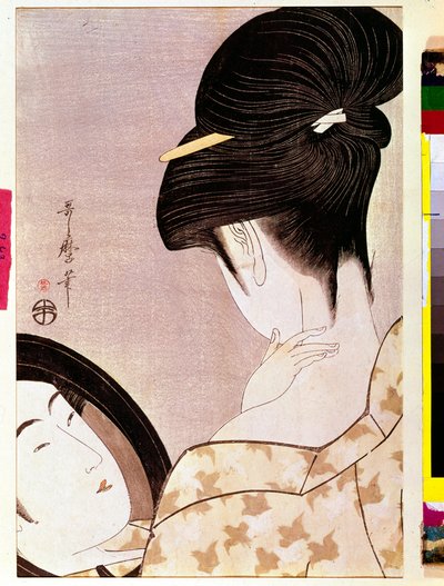 Egy nő, aki megerősíti a nyakát Utamaro Kitagawa (1753-1806) japán nyomatával - V 0,37x0,22 m - 1795-1796 - Párizs, Musee Guimet, Musee national des Arts Asians alkotó: Kitagawa Utamaro