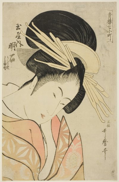 A Tamaya Akashi, a Yoshiwara hét komacsija (Seiro nana Komachi) sorozatból (Tamaya uchi Akashi, Uraji, Shimano), 1794-95 körül (színes fametszet; oban). alkotó: Kitagawa Utamaro