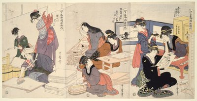 Művész, blokkfaragó, méretezés (Eshi, hangashi, dosa-biki), a Brokátnyomatok termesztése sorozatból, amely Edo híres terméke (Edo meibutsu nishiki-e kosaku) alkotó: Kitagawa Utamaro