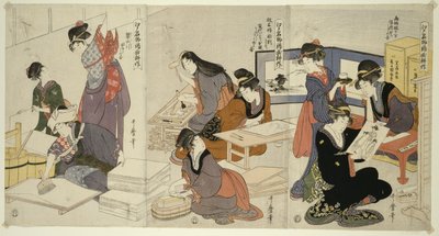 Művész, blokkfaragó, méretezés, a Brokátnyomatok termesztése sorozatból, Edo híres terméke, 1803 körül alkotó: Kitagawa Utamaro
