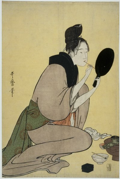 Bijin-ga. Lány smink alkalmazása az ajkaira alkotó: Kitagawa Utamaro