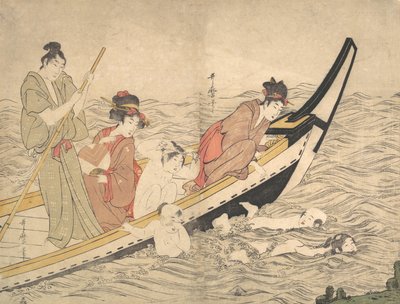 Csónakázó parti gyerekek úszással, 18. század vége. alkotó: Kitagawa Utamaro