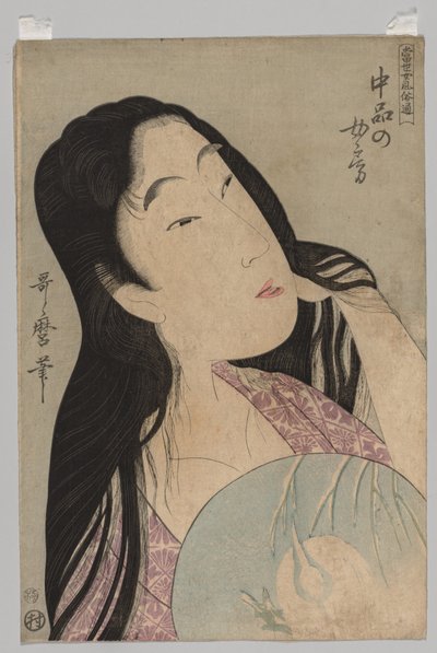Nő mellszobra laza hajat tartó ventilátorral alkotó: Kitagawa Utamaro