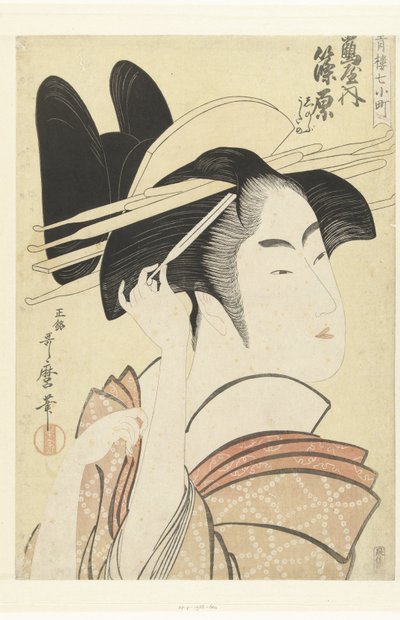 Shinowara kurtizán mellképe a Tsuruya házból. Tsuruya uchi Shinowara (cím a tárgyon) A hét Komachi az örömházakból (sorozat címe) Seiro nana Komachi (sorozat címe az objektumon) alkotó: Kitagawa Utamaro