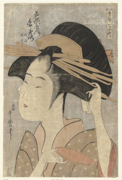 Shiratsuya kurtizán mellképe a Wakanaya házból. Wakanaya uchi Shiratsuya (cím a tárgyon) A hét Komachi az örömházakból (sorozat címe) Seiro nana Komachi (sorozat címe az objektumon) alkotó: Kitagawa Utamaro