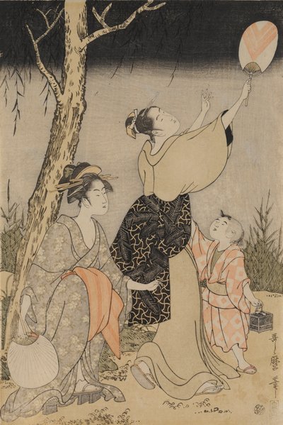 Szentjánosbogarak fogása a fűzfa alatt balra, c. 1796-1797. alkotó: Kitagawa Utamaro