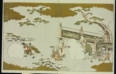 Gyerekek hóshishit készítenek és hógolyót gurítanak a "The Silver World"-ből alkotó: Kitagawa Utamaro