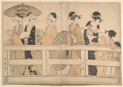 A hűvös esti szellő élvezete a hídon és a híd alatt alkotó: Kitagawa Utamaro