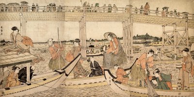 Halászhajók hálókkal a Ryogoku-híd alatt, 1790-es évek. alkotó: Kitagawa Utamaro