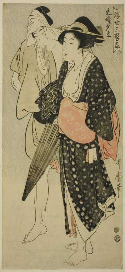 Férj és feleség egy esti zuhany alatt (Fufu no Yudachi), a "A lebegő világ három esti örömei" ("Ukiyo San Seki") sorozatból alkotó: Kitagawa Utamaro