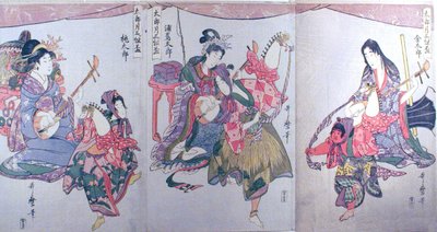 Kintaro, Urashimataro és Momotaro, a "Három szaké csésze készlet az első hónapra (Tarozuki mitsugumi sakazuki)" című triptichonból. alkotó: Kitagawa Utamaro