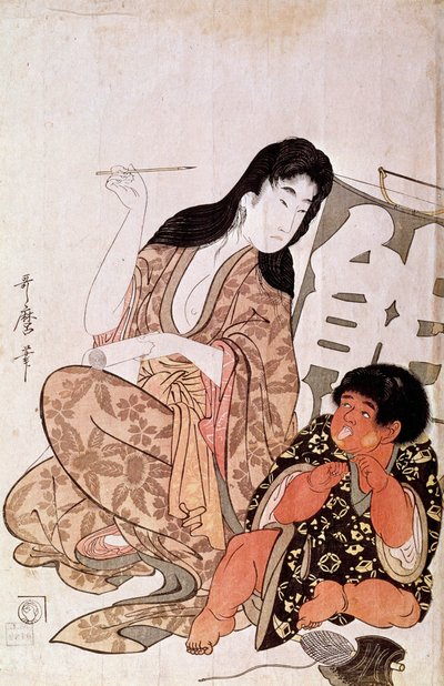 Kintaro és Yamauba kalligráfus, sorozat: Yamauba és Kintaro japán nyomat, Utamaro Kitagawa (1753-1806). Nap. 0,38x0,26 m. 1790-1806. Párizs, Guimet Múzeum, Ázsiai Művészeti Nemzeti Múzeum alkotó: Kitagawa Utamaro