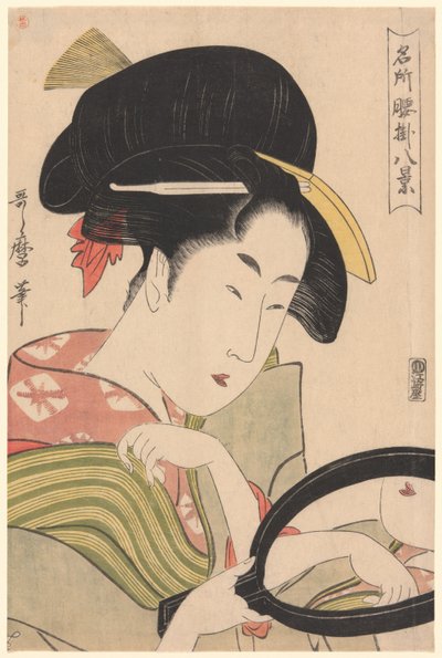 Tükör, a „Nyolc kilátás a teázókról ünnepelt helyeken” sorozatból ("Meisho koshikake hakkei") alkotó: Kitagawa Utamaro