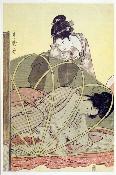 Anya szoptató baba szúnyogháló alatt par Utamaro, Kitagawa (1753-1806), c. 1795 - Színes fametszet, 37,6x24,6 - Magángyűjtemény alkotó: Kitagawa Utamaro