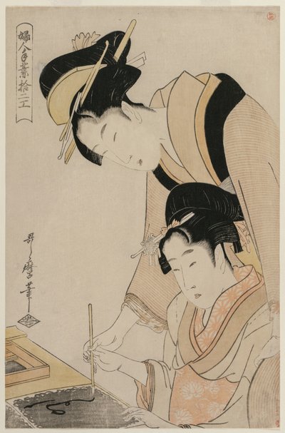 A lányát tanító anya kalligráfiát, a Tizenkét női foglalkozás című sorozatból c. 1798. alkotó: Kitagawa Utamaro