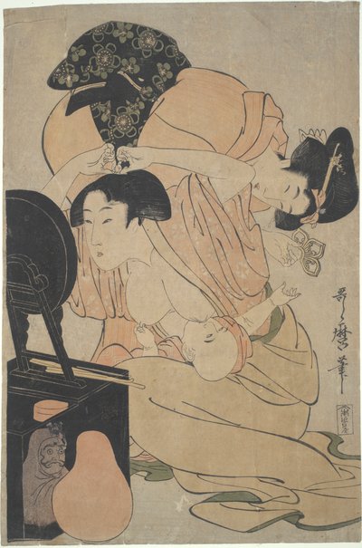 Anya szoptatós babával és kísérőjével alkotó: Kitagawa Utamaro