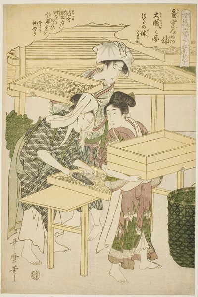 No. 4 (shi), a "Nők, akik részt vesznek a sericulture iparágban (Joshoku kaiko tewaza-gusa)" sorozatból alkotó: Kitagawa Utamaro