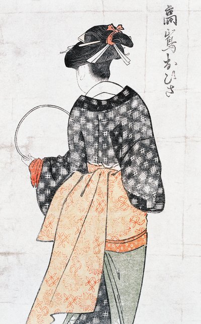 Ohisa rom Takashima Teahose, Omanin kimonó legyezővel, Ukiyoe art p Rin t – Kitagawa Utamaro (1753-1806), Odkut, japán Shii Zachion, Edo Perio d alkotó: Kitagawa Utamaro
