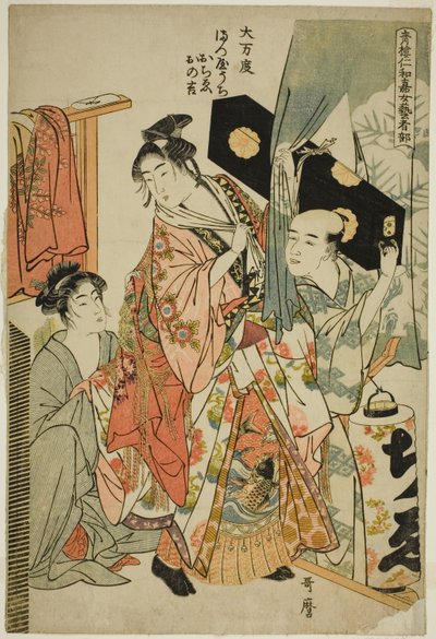Omando: Ochie, a Matsuya Onokichi, a Yoshiwara Niwaka Festival Female Geisha Section (Seiro niwaka onna geisha no bu) sorozatból (Omando, Matsuya uchi Ochie, Onokichi) alkotó: Kitagawa Utamaro