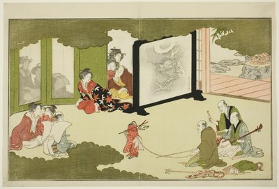 Egy betanított majom előadása a "The Young God Ebisu (Waka Ebisu)" című illusztrált verses antológiából alkotó: Kitagawa Utamaro