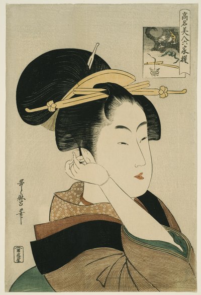 Tatsumi Roko, a „Hat halhatatlan költőhöz hasonlított híres szépségek” (Komei bijin rokkasen) sorozatból alkotó: Kitagawa Utamaro