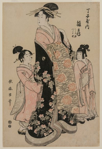 te ko r Te-san Hinazuru, Cho Tokiya Ah Tendan ts Tsuruji tervvel d Tsuruno alkotó: Kitagawa Utamaro