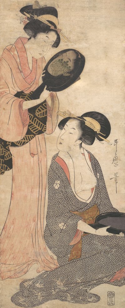 Két hölgy, mindegyik egy-egy lakkozott tükörrel, 1790-es évek. alkotó: Kitagawa Utamaro