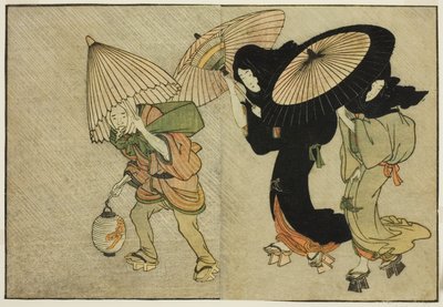 Két nő és kísérő, akit vihar fogott el, a "Képeskönyv: A négy évszak virágai (Ehon shiki no hana)" című illusztrált könyvből. 2 alkotó: Kitagawa Utamaro