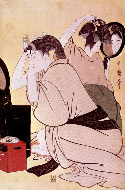 Két nőnek van frizurája: az egyik a miroi-t nézi, míg a másik Utamaro Kitagawa (1753-1806) japán mintáját fésüli. Nap. 0,38x0,25 m. 1794-1795. Párizs, Guimet Múzeum, Ázsiai Művészeti Nemzeti Múzeum alkotó: Kitagawa Utamaro