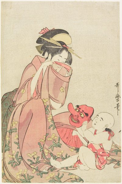 Nő, aki egy tengu-álarcot viselő gyermekkel játszik alkotó: Kitagawa Utamaro