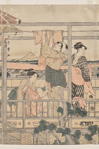 Női ruhaneműt akasztanak szárításra az erkélyen alkotó: Kitagawa Utamaro