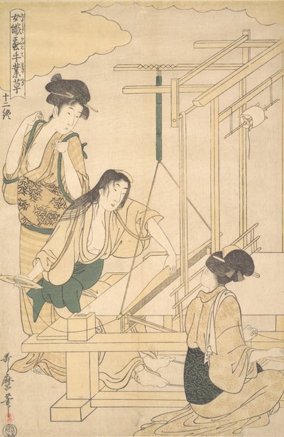 Selyemszövetet szövő nők, kb. 1800. alkotó: Kitagawa Utamaro