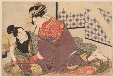 Fiatal férfi dohányzik egy kurtizánnal Jonge férfi udvarhölgykel találkozott Negai no itoguchi (sorozat címe) alkotó: Kitagawa Utamaro