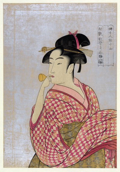 Fiatal nő üvegpipát fúj (poppin), a Ten Types in the Physiognomic Study of Women par Utamaro sorozatból, Kitagawa (1753-1806), kb 1792 - Színes fametszet, 38,9x27,5 - Magángyűjtemény alkotó: Kitagawa Utamaro