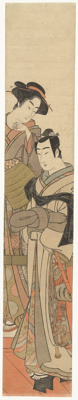 Egy nő egy álcázott fiatalemberrel Jonge ember találkozott rieten hoed en dame-mel alkotó: Kitao Masanobu (attributed to)