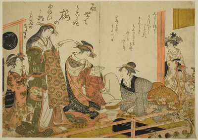The Courtesans Utagawa és Nanasato a Yotsumeya-ból, a "Comparing New Beauties of the Yoshiwara – A Mirror of Your Own Writings (Keisei shin bijin awase jikihitsu kagami)" című albumról alkotó: Kitao Masanobu