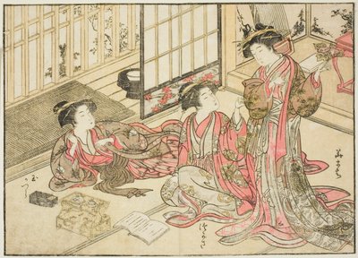 Kado Daikokuya udvarhölgyei, a "Gyönyörű nők tükre az örömnegyedben (Seiro bijin awase sugata kagami)" című könyvből. 2 alkotó: Kitao Shigemasa