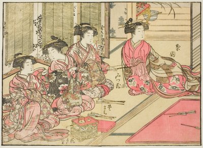 Kiriya udvarhölgyei, a "Gyönyörű nők tükre az örömnegyedben (Seiro bijin awase sugata kagami)" című könyvből. 2 alkotó: Kitao Shigemasa
