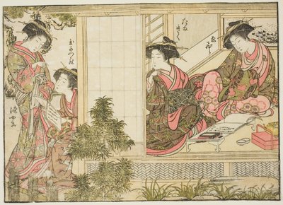 Oebuji udvarhölgyei, „Az örömnegyed gyönyörű nőinek tükre (Seiro bijin awase sugata kagami)” című könyvből. 2 alkotó: Kitao Shigemasa