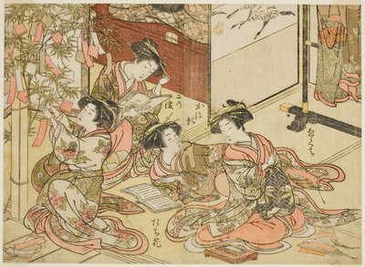 A Shin Kanaya udvarhölgyei, a "Gyönyörű nők tükre az örömnegyedből (Seiro bijin awase sugata kagami)" című sorozatból. 2 alkotó: Kitao Shigemasa