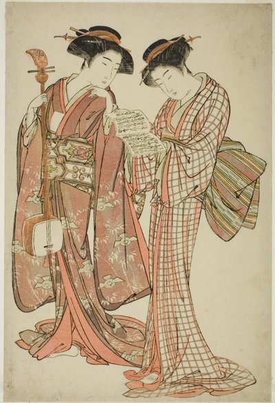 Két gésa kezében egy Shamisen és egy daloskönyv alkotó: Kitao Shigemasa