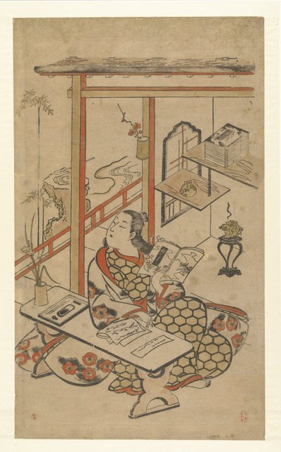 Nő az asztalnál, és a Genji meséjét olvassa. alkotó: Kiyomasu (I) , Torii (attributed to)