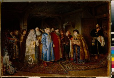 Bojár esküvő (bojár, bojár) a 16. században, a menyasszony kokochnikot (A bojár esküvője) visel - Olaj, vászon, Klavdi Vasziljevics Lebegyev (1852-1916) alkotó: Klavdiy Vasilievich Lebedev
