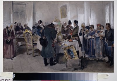 Jobbágyok aukciós eladása. Különféle tárgyak (szőnyeg, madárkalitka, festmények, könyvek és csecsebecsék) között egy parasztcsaládot állítanak ki eladásra. Nemesek és földbirtokosok körbevéve sétálnak és figyelnek alkotó: Klavdiy Vasilievich Lebedev