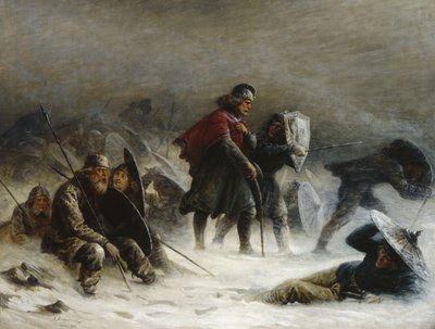 Sverre király hóviharban a Voss-hegységben alkotó: Knud Bergslien