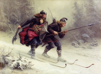 Sverre norvég király katonái, Torstein Skevla és Skjervald Skrukka a király fiát, Hakon Hakonssont szállítva alkotó: Knud Bergslien