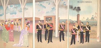 Illusztráció: a császár érkezése a Shinbashi állomásra egy győzelem után..., 1895. alkotó: Kobayashi Kiyochika
