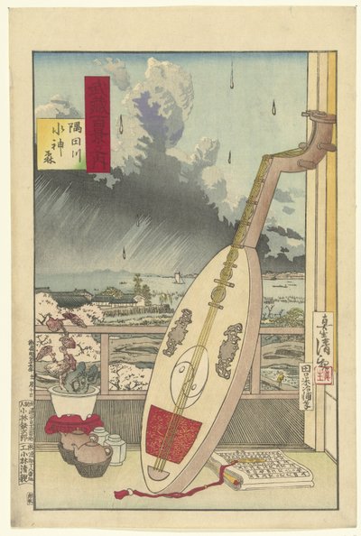 Suijin erdő a Sumida folyón Sumidagawa Suijin mori (cím a tárgyon) Musashi tartomány száz nézete (sorozat címe) Musashi hyakkei no uchi (sorozat címe az objektumon) alkotó: Kobayashi Kiyochika