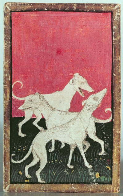 Három vadászkutya, az egyik kártyakészlet, amely udvari sólyomkodás jeleneteit ábrázolja, Upper Rhein Are, 1440-45 körül (toll és tinta, wc) (lásd még: 87698, 88300 és 88302-04) alkotó: Konrad Witz
